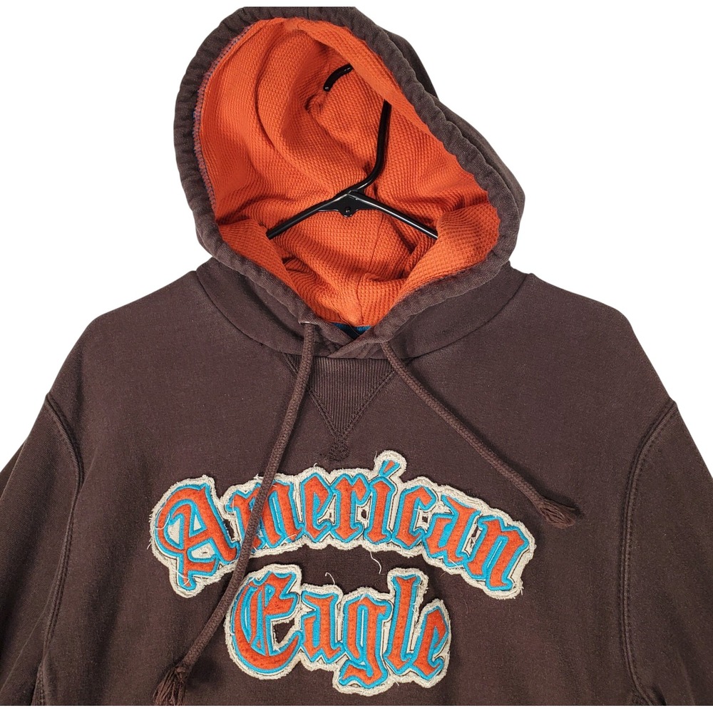 American Eagle Mens Brown Varsity Logo Hoodie Orange Lined Pullover Large 1977